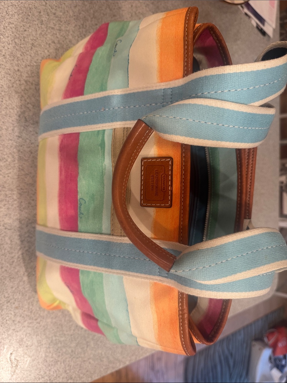 Coach Multicolor Striped Canvas Tote with Leather Trim